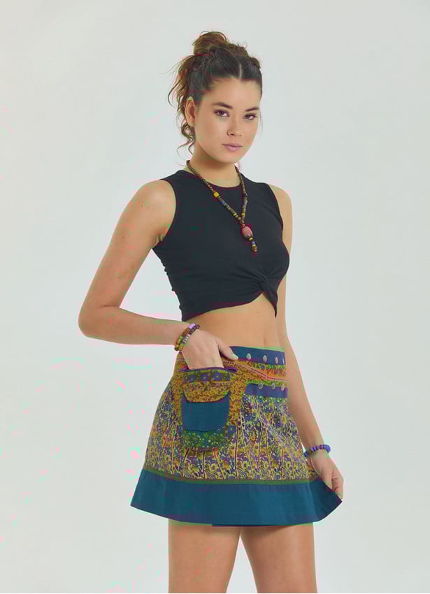 Snap Closure Pocket Patchwork Wrapped Petrol Floral Skirt 4687